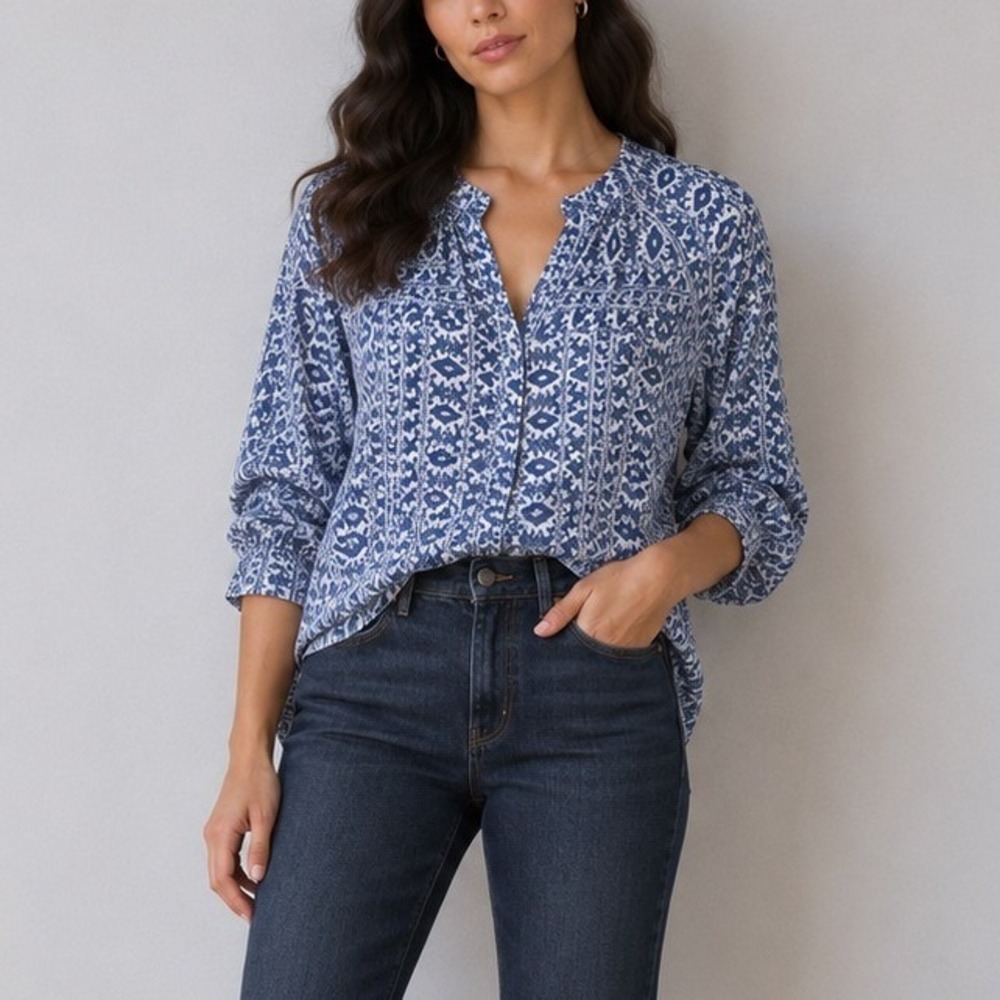 Paige White & Blue Geometric Print Cotton Button Down Peasant Blouse | Size XS